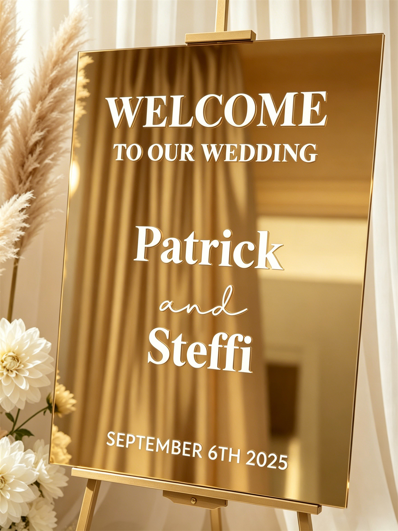 Mirror acrylic welcome signs, golden mirror wedding direction signs, custom wedding direction signs, ceremony welcome signs